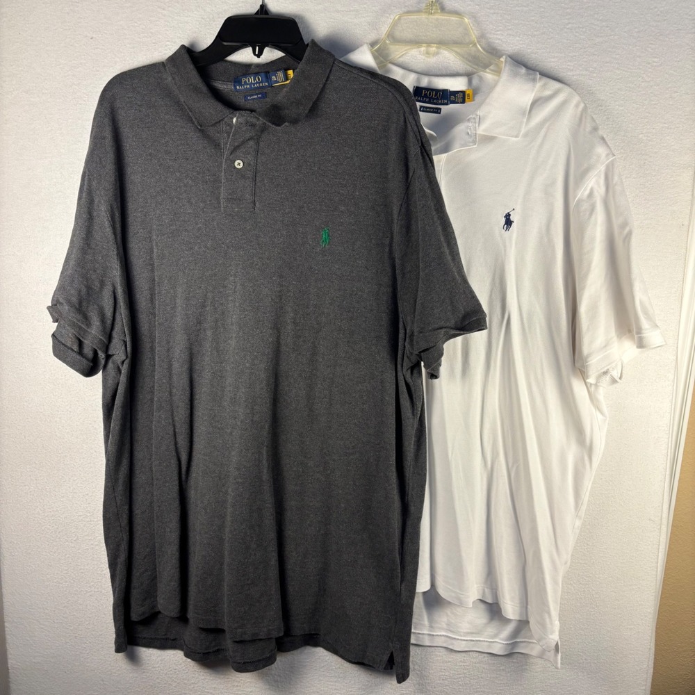 Polo Ralph Lauren Men XXL Classic Fit Polo Shirt Bundle Grey White 2 Pack Lot - Picture 2 of 11